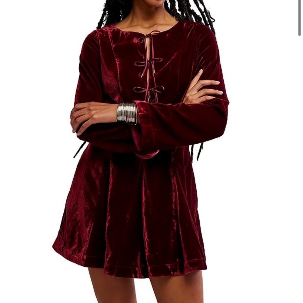 Free People Linney Velvet Mini Dress Cabernet Burgundy Lace Up Boho Size 2 NWOT